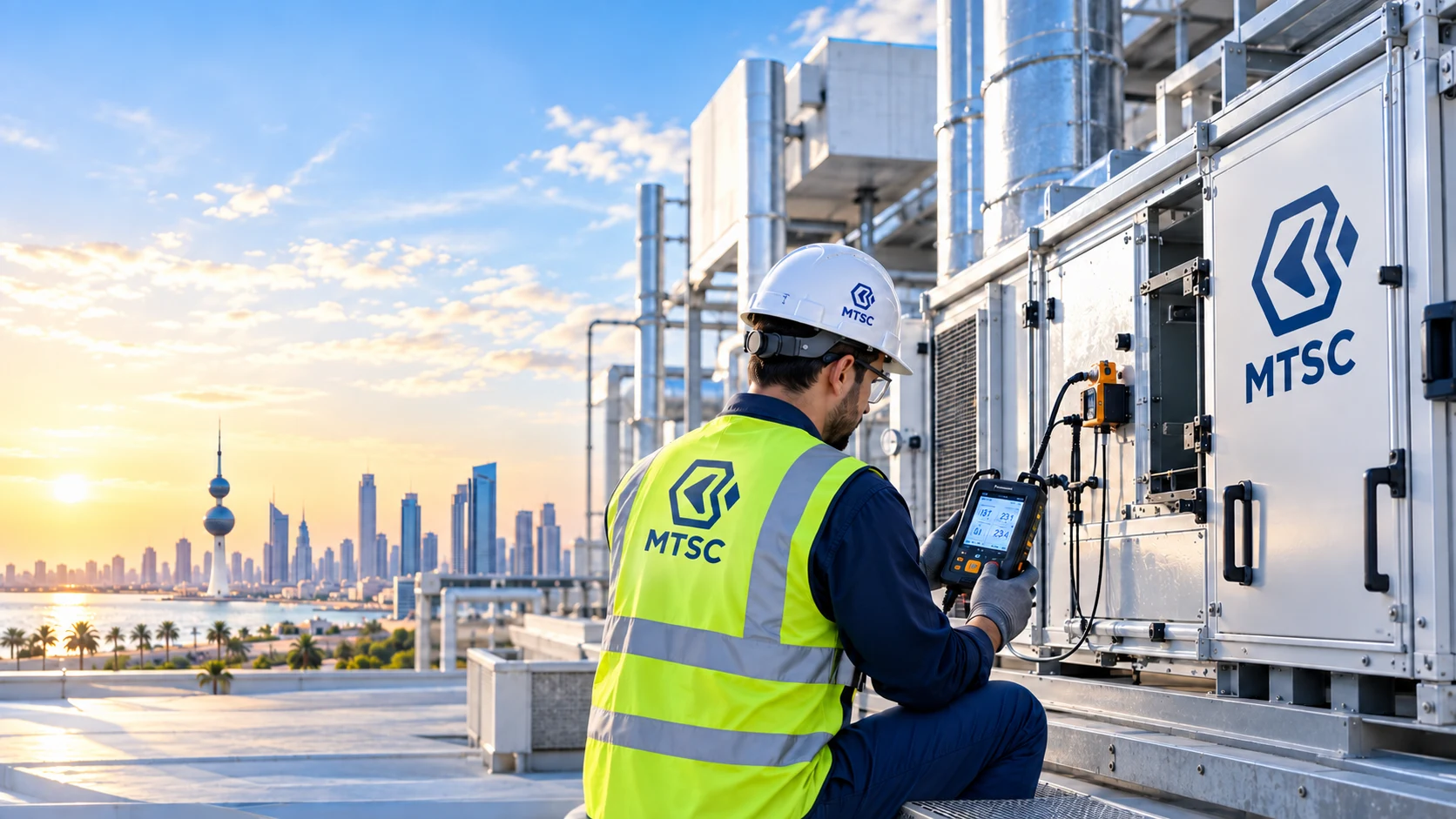 Illustrative HVAC performance testing scene overlooking Kuwait City