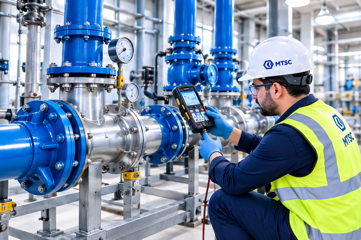 Illustrative engineer verifying a hydronic pump system